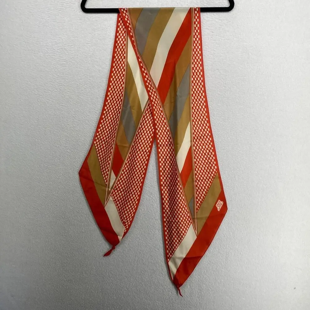 LIBERTY OF LONDON Scarf Silk Crepe de Chine Striped Check Orange England VTG